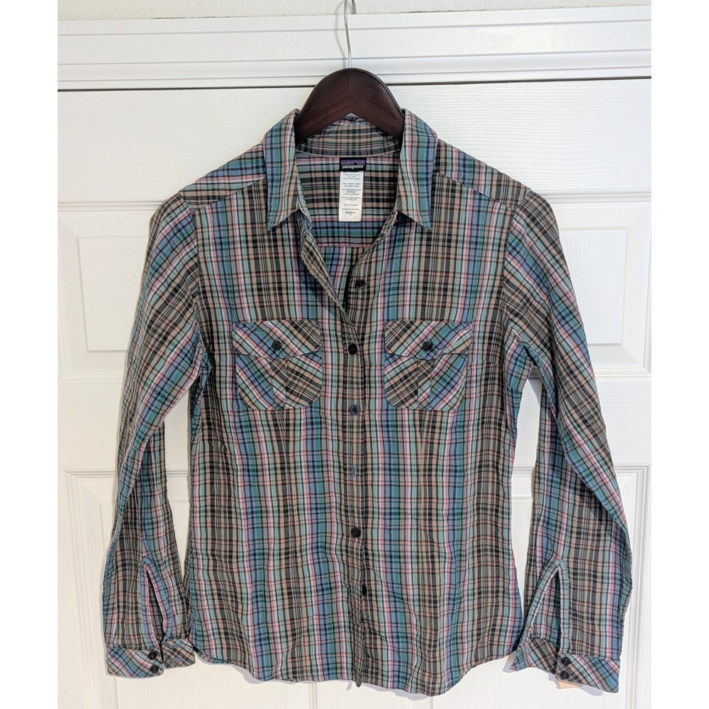 Patagonia‎ Womens Organic Cotton Plaid Button Down Shirt Blue Size 4 Long Sleeve